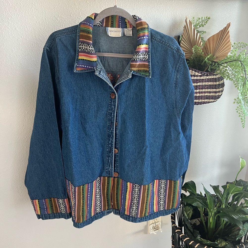 Vintage-Inspired Blue Denim Jacket with Multicolor Pattern Trim